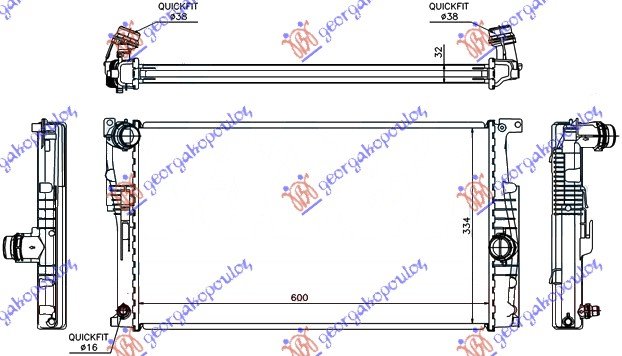 HLADNJAK MOTORA 1.6 (316i-320i) BENZIN - 2.0 (316d-318d-320d-325d-330d) DIZEL (AUTO) (600x334x32) (NRF)